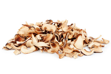 Edible dried mushrooms pile on white background isolated close up, heap of dry boletus edulis, chopped brown cap boletus, sliced penny bun, pieces of cep, porcino or porcini, cutted white fungus 
