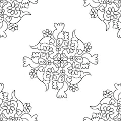 Rangoli design of birds and flowers isolated on white background is in seamless pattern