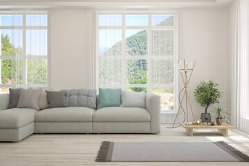 White living room with sofa and summer landscape in window. Scandinavian interior design. 3D illustration