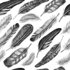 Freehand drawing quill of fethers birds. Tribal seamless pattern. Isolated on white background in graphic style.