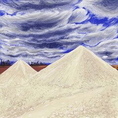 Industrial landscape of kaolin mining career with angry rainy sky and two hills of clay. Factory in country side, sand. Environmental art for game, poster. Raster stock illustration.