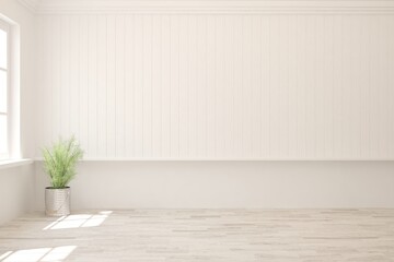 White empty room with green home plant. Scandinavian interior design. 3D illustration