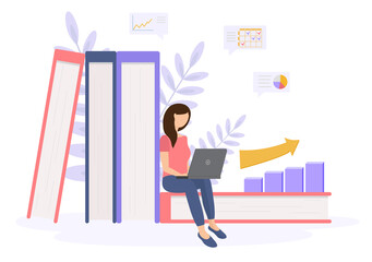 A young woman works / studies on a laptop and sits on a book. Infographic, tables, graphs, and growth graph around. Online education concept.