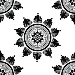 black and white background with floral mandala is in seamless pattern