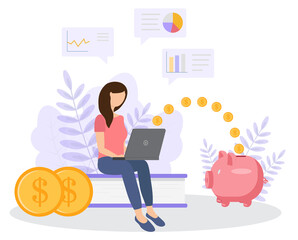 Finance Savings Concept. A young woman works at a laptop to study and fulfill financial savings. Money is flying in a piggy bank. Charts and infographics around.