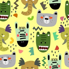 Seamless pattern with cartoon cute animals, decor elements on a neutral background. summer colorful vector for kids. hand drawing, flat style. Baby design for fabric, print, textile, wrapper © Ann1988