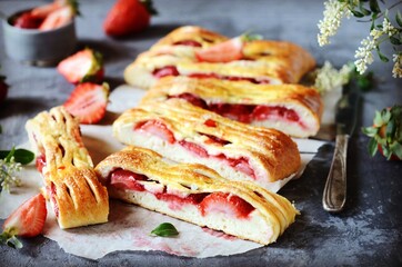 Homemade strawberry yeast pie on a gray background