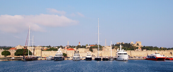 Rhodes, Mandraki harbour, view of the fortifications of the Old Town of Rhodes
