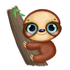 Illustration of a cute cartoon baby sloth with big eyes sitting on a tree
