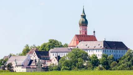 Fototapeta na wymiar View on Andechs Abbey (Kloster Andechs) during springtime.