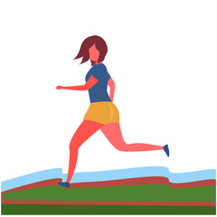 cartoon girl runs on green grass. vector flat illustration. Outdoor activities. fitness, training, jogging in the fresh air.