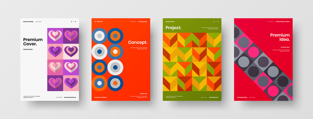 Obraz premium Company identity brochure template collection. Business presentation vector A4 vertical orientation front page mock up set. Corporate report cover abstract geometric illustration design layout bundle.