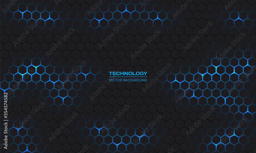 Poster Technology hexagonal dark vector background. Abstract blue bright energy flashes under hexagon in dark technology modern futuristic background vector illustration. Gray honeycomb texture grid.