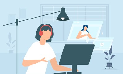 Distance education woman study during quarantine. Young people studying online with computer.