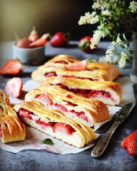 Homemade strawberry yeast pie on a gray background