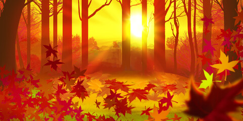 Magical autumn maple forest and sunset evening. Sunset in a golden forest. Fall of leaves. Realism illustration. Place for text.