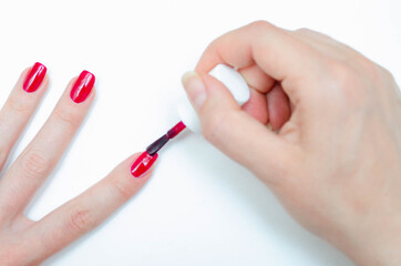 Manicure at home. DIY manicure. The girl paints herself nails in red, burgundy. Glossy nail polish. Macro in macro. Brush is applying varnish on the nail in a strong large zoom on a white background
