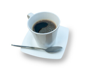 A coffee cup placed on a saucer with a spoon isolated on white background with clipping path