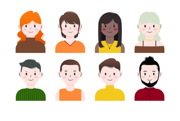 Set of various portraits of people. Portraits of women and men with long, short, wavy, straight hair. Vector flat illustration characters. Isolated on a white background. Can be used for team page.