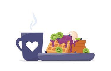 Delicious Belgian waffles on a plate with a cup of hot tea. Waffles with jam, blueberry and kiwi