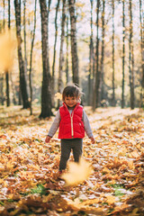 little beautiful girl loves autumn, walks in autumn forest and smiles