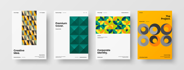 Fototapeta premium Company identity brochure template collection. Business presentation vector A4 vertical orientation front page mock up set. Corporate report cover abstract geometric illustration design layout bundle.