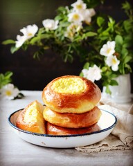 Homemade buns with cottage cheese (cheesecakes) in a dish on a gray background, Russian cuisine