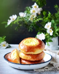 Fototapeta na wymiar Homemade buns with cottage cheese (cheesecakes) in a dish on a gray background, Russian cuisine