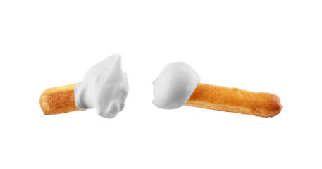 Bread sticks dipped, covered in creamy, isolated on white background