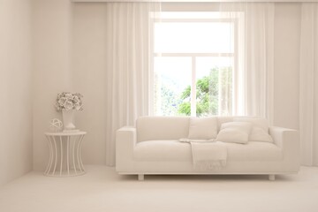 White minimalist living room with sofa. Scandinavian interior design. 3D illustration
