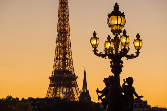 Paris, 75007, FRANCE - November 07, 2018: Pont Alexandre III Bridge lamp post silhouette contrasting with the Eiffel Tower at sunset. Seine River banks (UNESCO World Heritage Site, Historic Monument