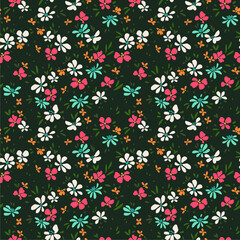 Fototapeta na wymiar Simple cute pattern in small colorful flowers on dark green background. Liberty style. Ditsy print. Floral seamless background. The elegant the template for fashion prints.