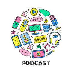 Doodle colored podcast icons in circle.