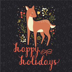Illustration of cute baby deer with winter greetings on dark floral background