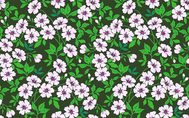 Vintage floral background. Seamless vector pattern for design and fashion prints. Flowers pattern with small white flowers on a dark green background. Liberty style.