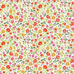 Vector seamless pattern. Pretty pattern in small flower. Small red and yellow flowers. White background. Ditsy floral background. The elegant the template for fashion prints.