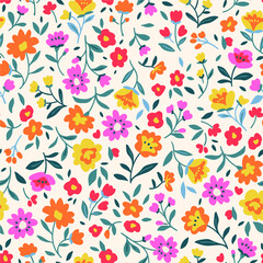 Floral pattern. Pretty flowers on white  background. Printing with small yellow and pink flowers. Ditsy print. Seamless vector texture. Spring bouquet.
