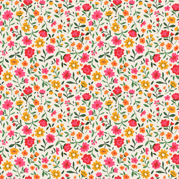 Cute floral pattern in the small flower. Ditsy print. Seamless vector texture. Elegant template for fashion prints. Printing with small orange flowers. White background.