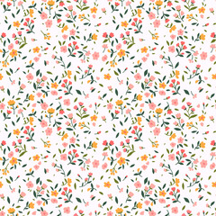Cute floral pattern in the small flower. Ditsy print. Seamless vector texture. Elegant template for fashion prints. Printing with small pink and yellow flowers. White background.