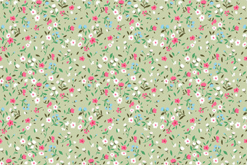 Elegant floral pattern in small pink, white and light blue flower. Liberty style. Floral seamless background for fashion prints. Ditsy print. Seamless vector texture. Spring bouquet.