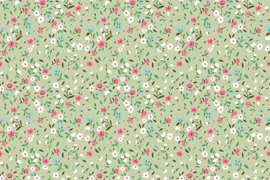 Seamless pattern with bright multicolor floral print and text
