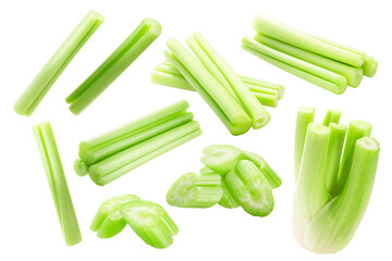 Celery stalks,cut and chopped isolated w clipping paths. Apium graveolens petioles