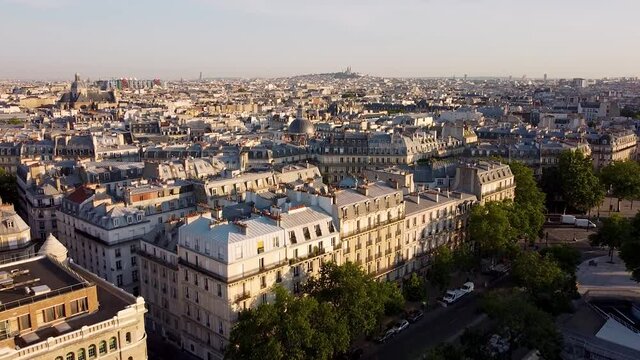 Drone flight and copyspace over roofs of Bastille district in Paris. France