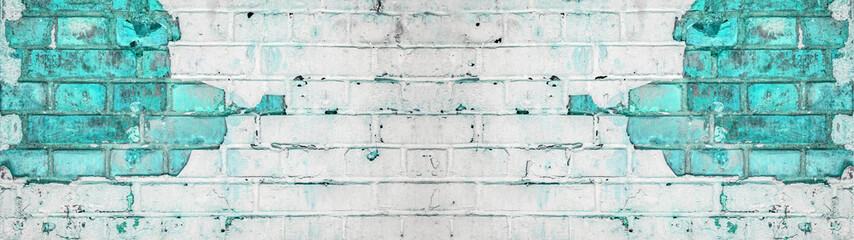 White turquoise aquamarine abstract painted light damaged rustic brick wall masonry texture banner...