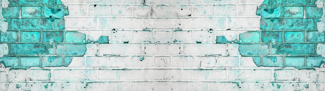 White turquoise aquamarine abstract painted light damaged rustic brick wall masonry texture banner panorama, with copy space