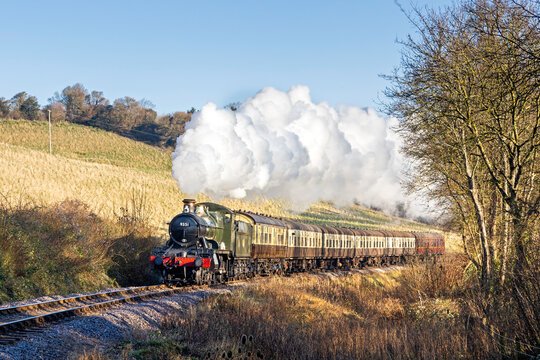 GWR Mogul No. 9351 steams towards Washford at Cleeve Hill with the 09:40 service to Minehead from Bishops Lydeard on Monday 30th December 2019, the final day of the Winter Steam Festival.