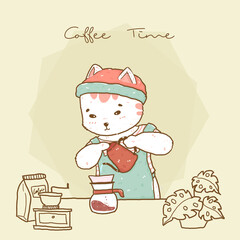 cute hipster cat barista in apron pouring drip coffee v60, idea for greeting card, background, children stuff print, t shirt and nursery wallpaper