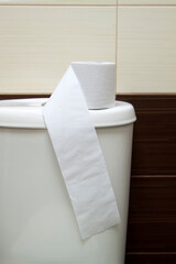 Toilet paper on white toilet tank closeup