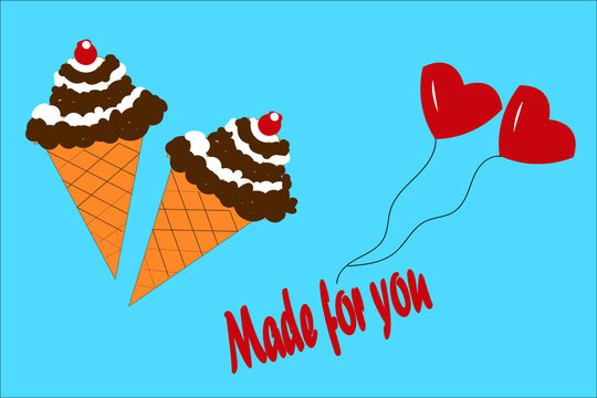 Vector image of an ice cream and love balloons. Food and illustration.