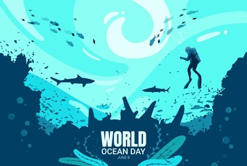 June 8 World Oceans Day horizontal banner template. Aqualung diver exploring underwater environment